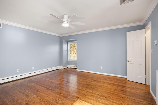 empty room featuring hardwood / wood-style floors, ceiling fan, a baseboard radiator, and ornamental molding