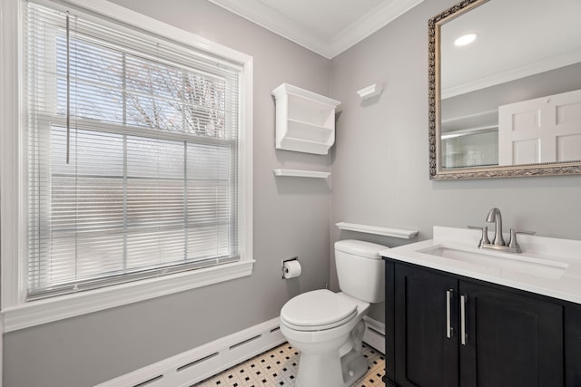 bathroom with vanity, baseboard heating, plenty of natural light, and crown molding