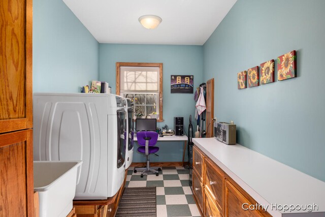 office featuring washer / clothes dryer and built in desk