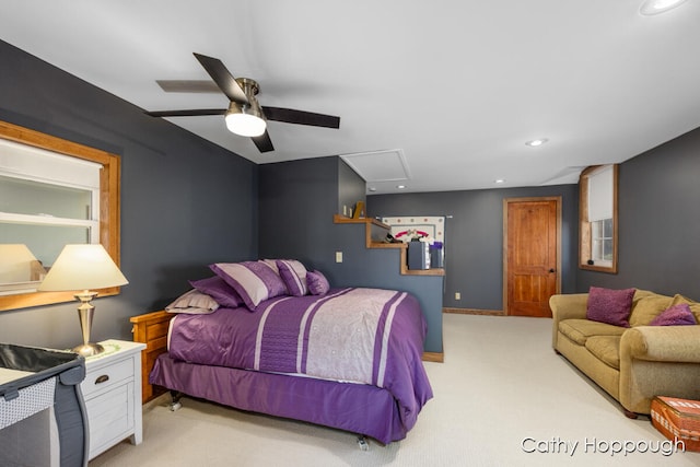 carpeted bedroom with ceiling fan