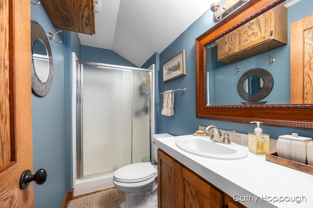 bathroom featuring vanity, toilet, a shower with shower door, and lofted ceiling