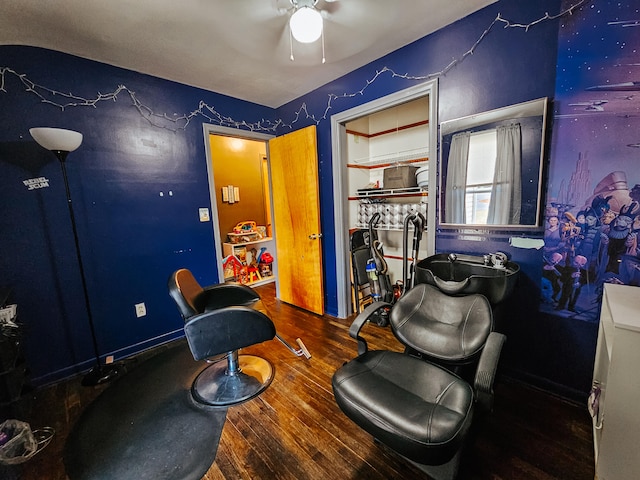 interior space with hardwood / wood-style floors and ceiling fan