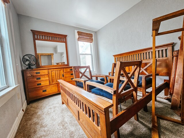 bedroom featuring light colored carpet