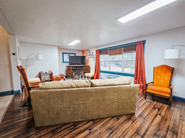 living room featuring dark wood-type flooring