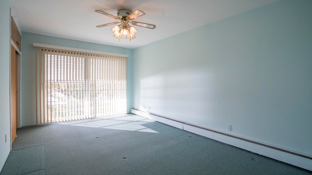 carpeted empty room featuring ceiling fan and baseboard heating