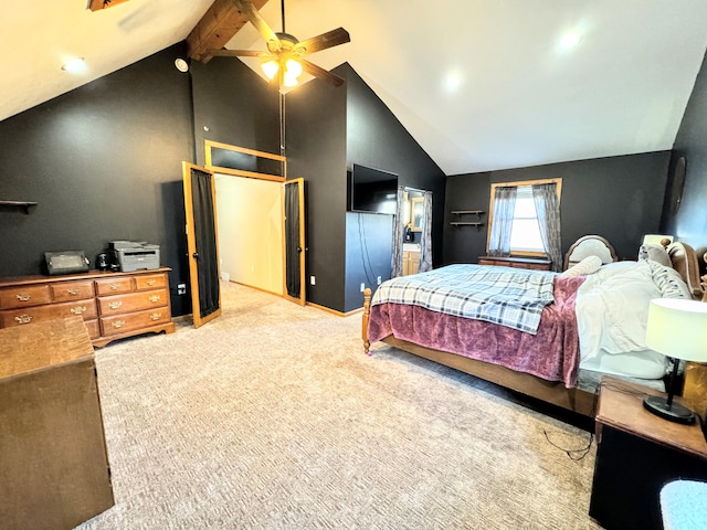 bedroom featuring ceiling fan, light carpet, and lofted ceiling with beams