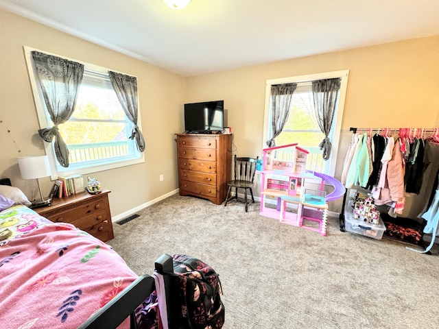 carpeted bedroom with multiple windows