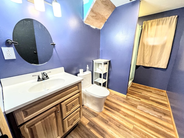 bathroom featuring toilet, vanity, and wood-type flooring