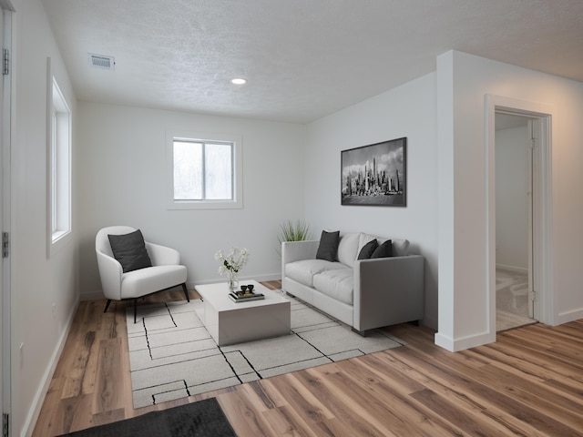 living room featuring a textured ceiling and light hardwood / wood-style flooring