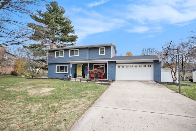 front facade with a porch, a front lawn, and a garage