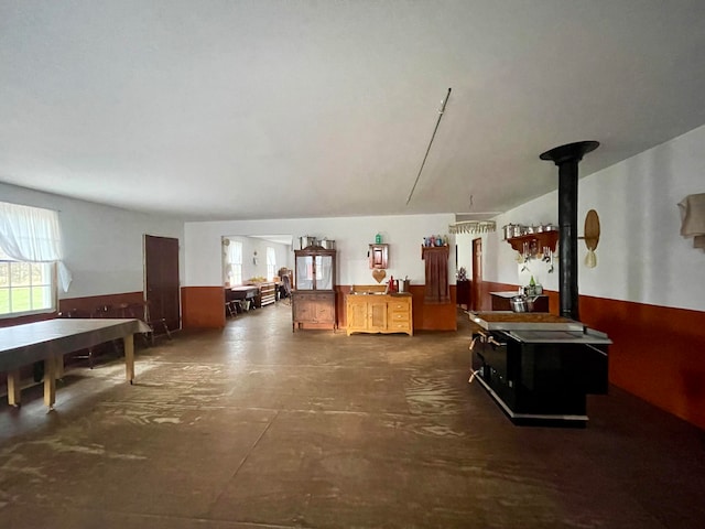 basement with a wood stove