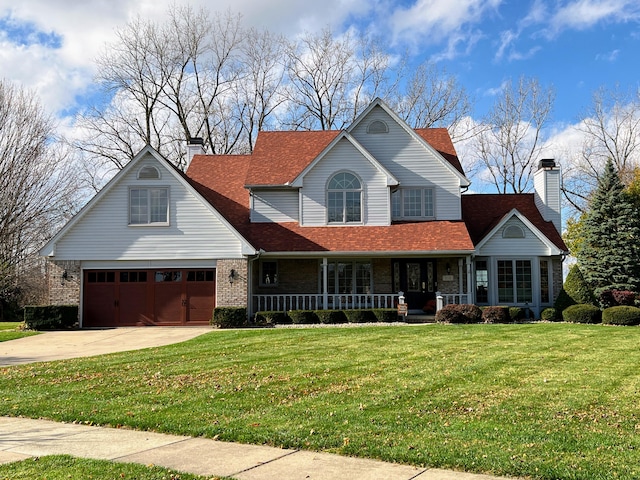 212 Saint Anne Ln, Monroe, MI 48162 - view of front of house with a porch, a front yard, concrete driveway, and a chimney