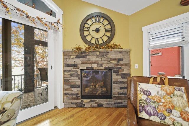 interior space featuring a stone fireplace and wood-type flooring