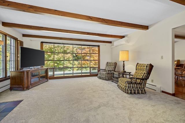 sitting room with beam ceiling, carpet floors, a baseboard heating unit, and a wall mounted AC