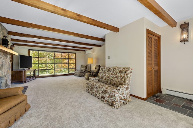 living room featuring a wall mounted air conditioner, beam ceiling, a baseboard radiator, and dark colored carpet