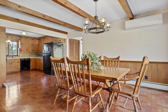 dining area featuring a wall mounted air conditioner, a baseboard heating unit, wooden walls, beamed ceiling, and a chandelier