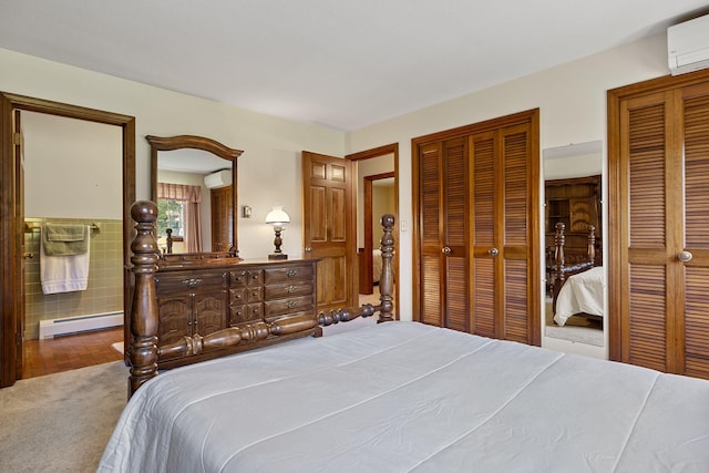 bedroom with a wall mounted AC, carpet floors, baseboard heating, and tile walls