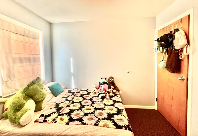 bedroom with dark colored carpet