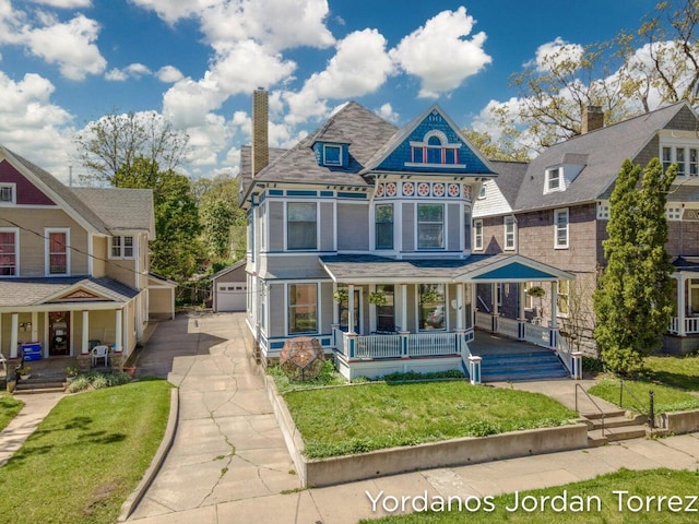 victorian home with an outbuilding, a porch, a front lawn, and a garage