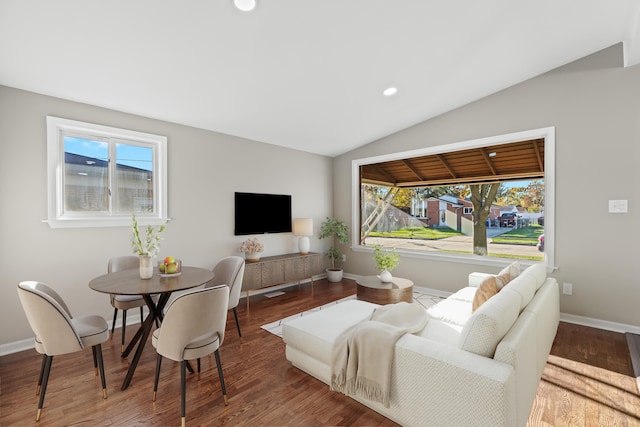 living room featuring hardwood / wood-style floors and lofted ceiling