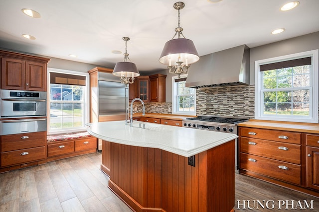 kitchen with a wealth of natural light, wall chimney exhaust hood, and high end appliances