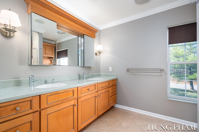 bathroom with vanity, tile patterned floors, and crown molding