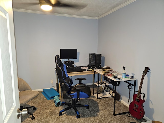 home office featuring crown molding and carpet floors