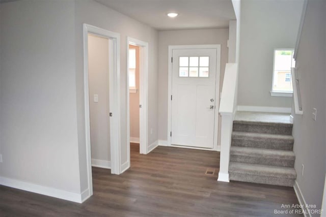 entrance foyer featuring a healthy amount of sunlight and dark hardwood / wood-style flooring