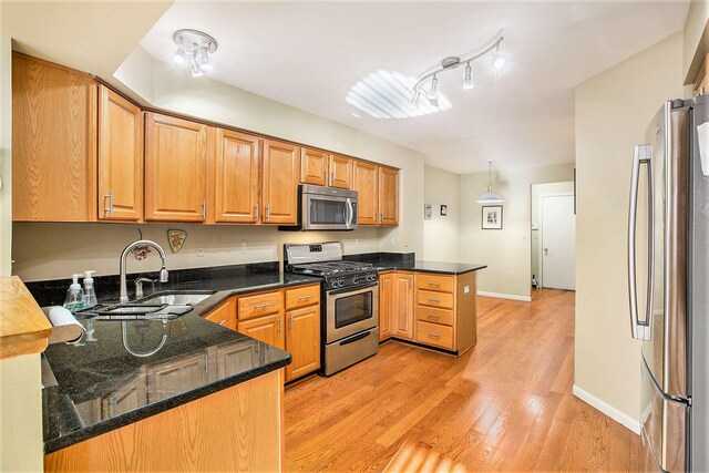 kitchen with stainless steel appliances, light wood-type flooring, pendant lighting, sink, and kitchen peninsula