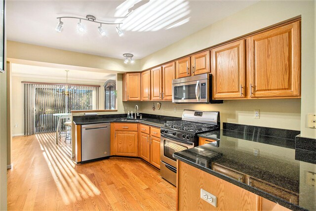 kitchen with kitchen peninsula, stainless steel appliances, hanging light fixtures, and light hardwood / wood-style flooring