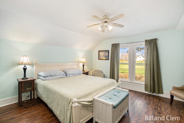 bedroom with ceiling fan, lofted ceiling, dark hardwood / wood-style floors, and multiple windows