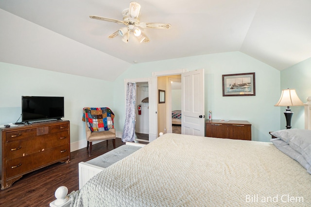 bedroom featuring ceiling fan, dark hardwood / wood-style flooring, and lofted ceiling