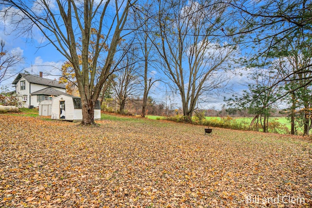 view of yard with a storage shed