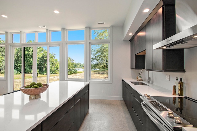 kitchen with wall chimney exhaust hood, sink, and stainless steel electric stove