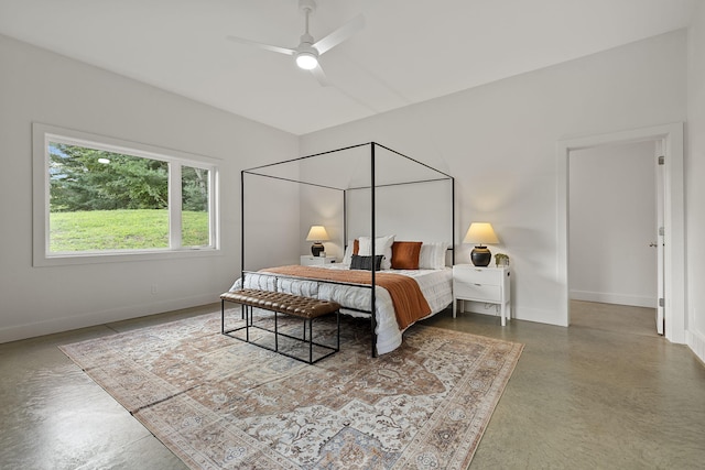 bedroom featuring concrete floors and ceiling fan