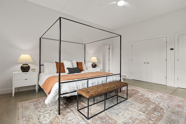 bedroom featuring concrete flooring and ceiling fan