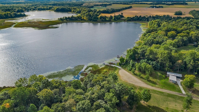 aerial view featuring a water view and a rural view