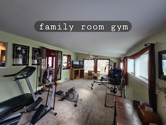 exercise area with ceiling fan and carpet