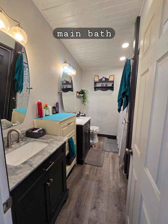 bathroom featuring toilet, vanity, and hardwood / wood-style flooring