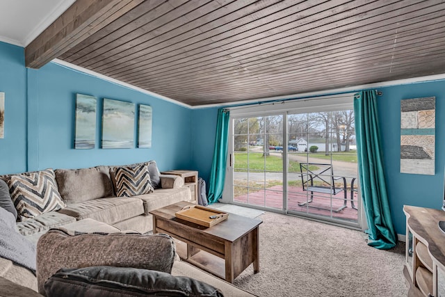 living room with wood ceiling, carpet flooring, crown molding, and beam ceiling