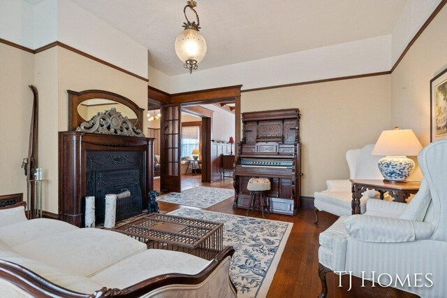 living room with french doors and dark wood-type flooring