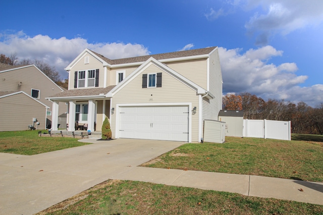 front facade with a garage and a front lawn