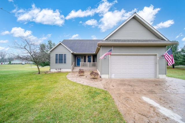 ranch-style house featuring a garage and a front lawn