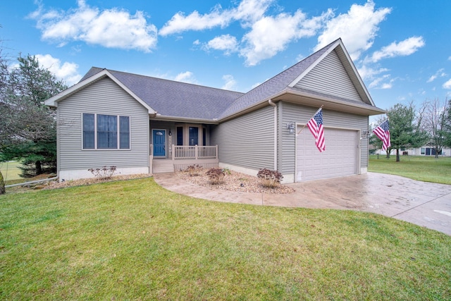 single story home featuring a garage, a front yard, and covered porch