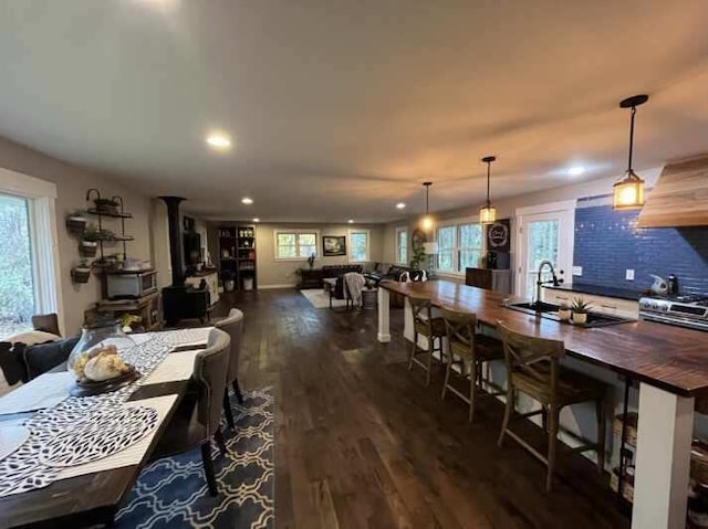 dining room with plenty of natural light, dark hardwood / wood-style floors, and sink