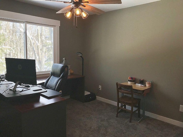 carpeted office space featuring ceiling fan and a healthy amount of sunlight