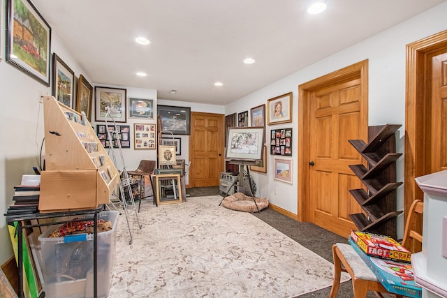 interior space featuring dark colored carpet