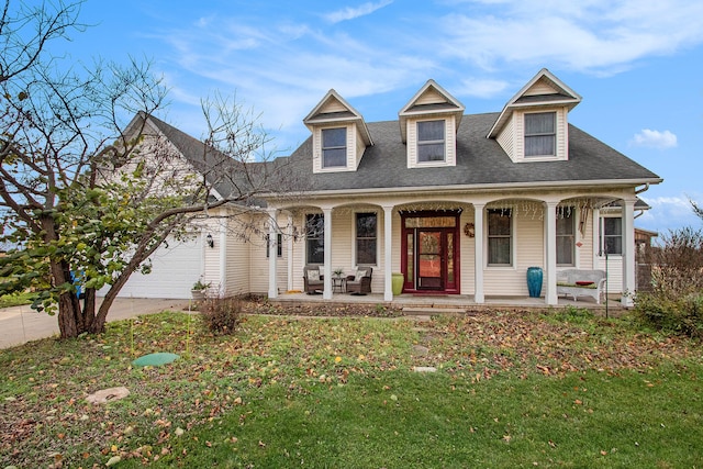 cape cod home with a garage, covered porch, and a front lawn