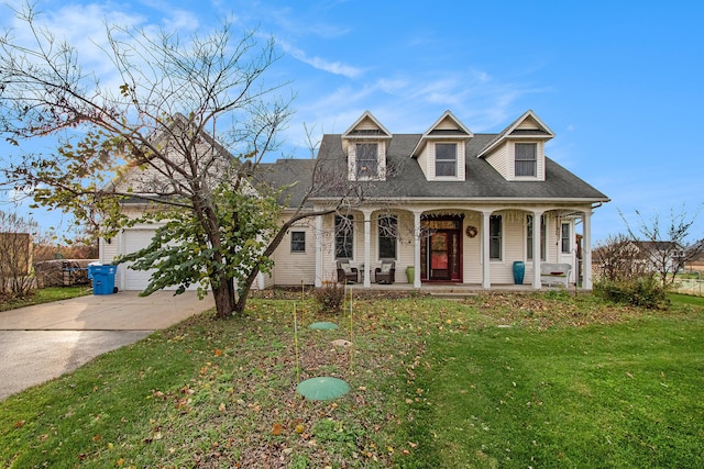 cape cod house featuring a garage, a porch, and a front yard