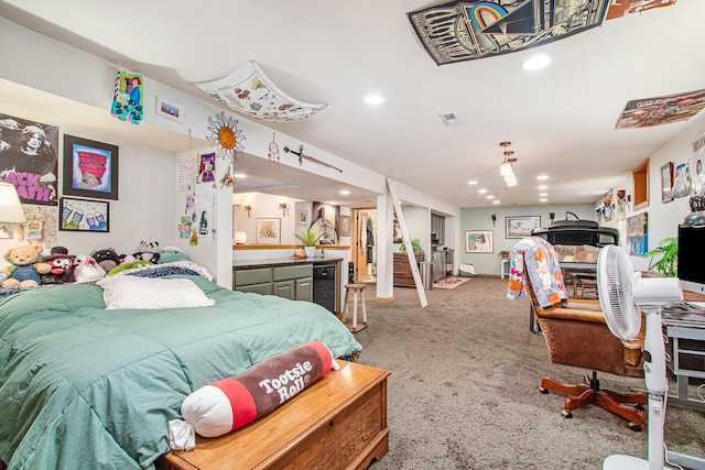 carpeted bedroom with beverage cooler